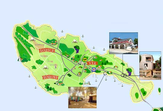 Vir sziget térképe a vendégházak és a lakókocsik bejelölésével